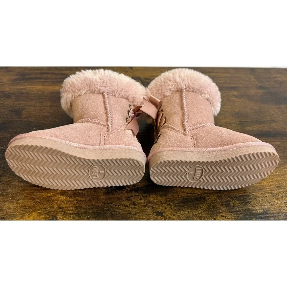 Lamo Youth Rose Pink Suede Faux Fur Bow Winter Boots Splash Secure Size 6C NEW - Picture 5 of 10
